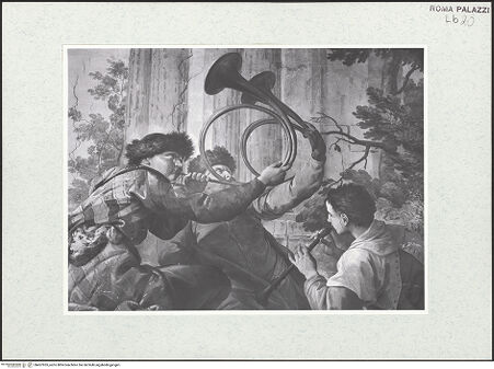 Vorderseite von Sopr. BAS ROMA [https://www.deutsche-digitale-bibliothek.de/content/lizenzen/rv-ez/] Scheinarchitektur mit exotischen GenreszenenFiguren in exotischen Kostümen - Ostwand, mittleres Bildfeld, Detail: Tuba- und Flötenbläser türkischem Kostüm links außen, bh457955_recto. Foto.