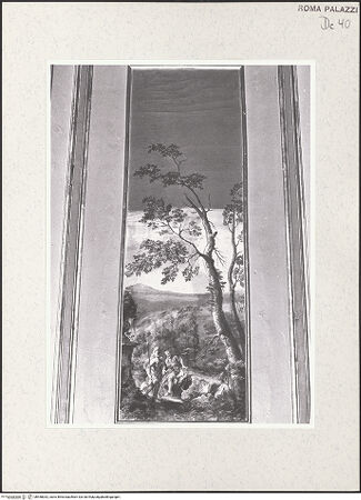 Vorderseite von Sopr. BAS ROMA [https://www.deutsche-digitale-bibliothek.de/content/lizenzen/rv-ez/] Serie von Landschaftsbildern - Eingangswand, Bildfeld rechts neben der Tür, Landschaft mit einem Soldaten und einem Eremiten, bh458032_recto. Foto.