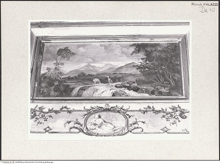 Vorderseite von Sopr. BAS ROMA [https://www.deutsche-digitale-bibliothek.de/content/lizenzen/rv-ez/] Serie von Landschaftsbildern - rechte Wand, Supraporte, Landschaft mit Wasserfall, bh458038_recto. Foto.