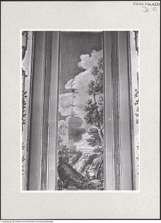 Vorderseite von Sopr. BAS ROMA [https://www.deutsche-digitale-bibliothek.de/content/lizenzen/rv-ez/] Serie von Landschaftsbildern - Rückwand, Landschaft mit zwei Jägern, bh458039_recto. Foto.