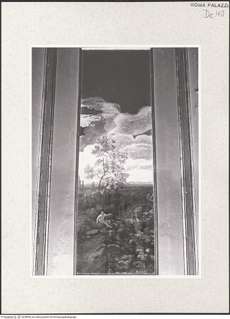 Vorderseite von Sopr. BAS ROMA [https://www.deutsche-digitale-bibliothek.de/content/lizenzen/rv-ez/] Serie von Landschaftsbildern - Eingangswand, Bildfeld links neben der Tür, Landschaft mit einem Jäger und einem Holzsammler, bh458040_recto. Foto.