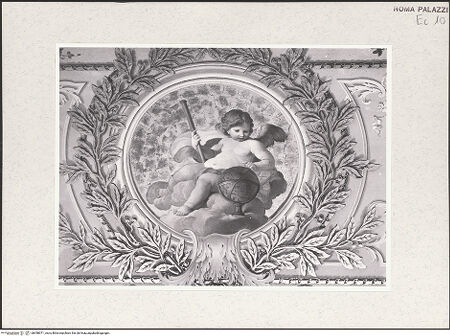 Vorderseite von Sopr. BAS ROMA [https://www.deutsche-digitale-bibliothek.de/content/lizenzen/rv-ez/] Deckenmalerei mit einer Personifikation der Morgenröte und Puttenmedaillons - Medaillon: Putto mit Globus, bh458071_recto. Foto.