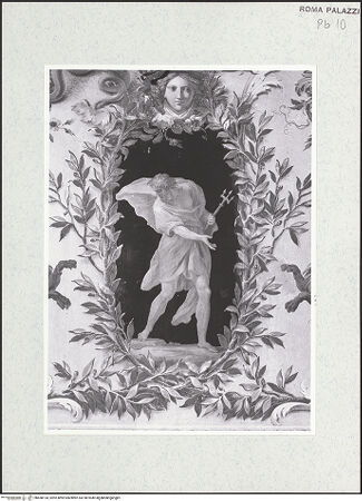 Vorderseite von Sopr. BAS ROMA [https://www.deutsche-digitale-bibliothek.de/content/lizenzen/rv-ez/] Scheinarchitektur mit Landschaftsbild, Figurenkartuschen und PuttenmedaillonsFiguren und Chiaroscuro - Kartusche mit Figur des Neptun, bh458134_recto. Foto.