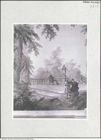 Vorderseite von Sopr. BAS ROMA [https://www.deutsche-digitale-bibliothek.de/content/lizenzen/rv-ez/] Scheinarchitektur mit Landschaftsbildern und FigurenZyklus von Landschaftsbildern mit Figuren von Stefano und Giuseppe Pozzi - Detail, bh458139_recto. Foto.