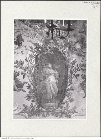 Vorderseite von Sopr. BAS ROMA [https://www.deutsche-digitale-bibliothek.de/content/lizenzen/rv-ez/] Scheinarchitektur mit Landschaftsbild, Figurenkartuschen und PuttenmedaillonsFiguren und Chiaroscuro - Kartusche mit Figur der Amphitrite?, bh458271_recto. Foto.