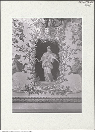 Vorderseite von Sopr. BAS ROMA [https://www.deutsche-digitale-bibliothek.de/content/lizenzen/rv-ez/] Scheinarchitektur mit Landschaftsbild, Figurenkartuschen und PuttenmedaillonsFiguren und Chiaroscuro - linke Wand, Kartusche mit Figur der Minerva, bh458272_recto. Foto.