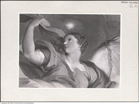 Vorderseite von Sopr. BAS ROMA [https://www.deutsche-digitale-bibliothek.de/content/lizenzen/rv-ez/] Deckenmalerei mit einer Personifikation der Morgenröte und Puttenmedaillons - Aurora, Kopfdetail, bh458277_recto. Foto.