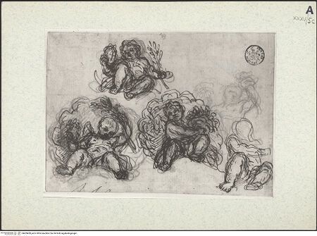 Vorderseite von Museum Kunstpalast [https://www.deutsche-digitale-bibliothek.de/content/lizenzen/rv-ez/] Studie zu Putten, vor Muscheln sitzend, Zweige und Sträuße haltend - , bh459450_recto. Foto.