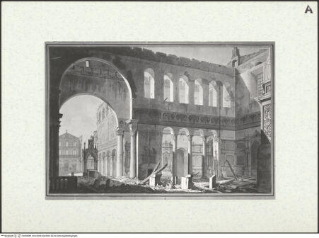 Vorderseite von Thorvaldsens Museum [https://www.deutsche-digitale-bibliothek.de/content/lizenzen/rv-ez/] San Paolo fuori le Mura nach dem Brand, Transept aus Osten - , bh459885_recto. Foto.