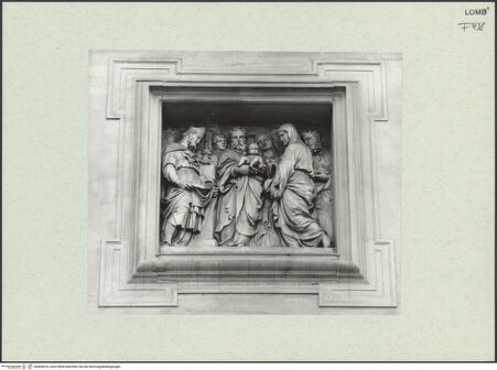 Vorderseite von Bibliotheca Hertziana [https://www.deutsche-digitale-bibliothek.de/content/lizenzen/rv-fz/] Reliefzyklus mit Szenen von Geburt und Kindheit ChristiDarbringung Christi im Tempel - Gesamtansicht, bh460816_recto. Foto.