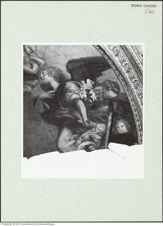 Vorderseite von Sopr. BAS ROMA [https://www.deutsche-digitale-bibliothek.de/content/lizenzen/rv-ez/] Himmelfahrt Mariens, Gottvater und Engel sowie David und JesajaGottvater mit Personifikationen (Pax und Justitia) sowie mit dem Erzengel Gabriel - Detail: rechte Engelsgruppe, nach der Restaurierung 1972, bh461417_recto. Foto.