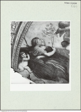 Vorderseite von Sopr. BAS ROMA [https://www.deutsche-digitale-bibliothek.de/content/lizenzen/rv-ez/] Himmelfahrt Mariens, Gottvater und Engel sowie David und JesajaGottvater mit Personifikationen (Pax und Justitia) sowie mit dem Erzengel Gabriel - Detail: Personifikationen der Justitia und der Pax, nach der Restaurierung 1972, bh461418_recto. Foto.