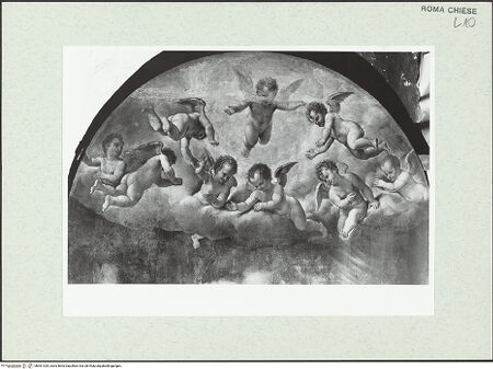 Vorderseite von Sopr. BAS ROMA [https://www.deutsche-digitale-bibliothek.de/content/lizenzen/rv-fz/] Anbetung der Hirten - Detail: Engelsgruppe oben im Himmel, bh461425_recto. Foto.