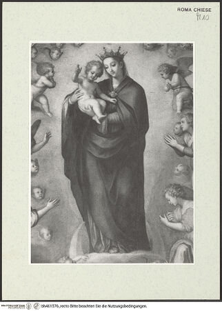 Vorderseite von Sopr. BAS Roma [https://www.deutsche-digitale-bibliothek.de/content/lizenzen/rv-ez/] Madonna in der Engelsglorie und die Heiligen Ubaldus und Hieronymus - Detail: Madonna, bh461576_recto. Foto.