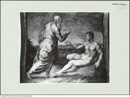 Vorderseite von Sopr. BAS ROMA [https://www.deutsche-digitale-bibliothek.de/content/lizenzen/rv-ez/] Szenen aus der GenesisErschaffung Adams - , bh461577_recto. Foto.