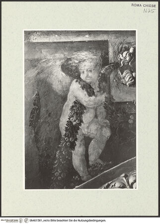 Vorderseite von Sopr. BAS ROMA [https://www.deutsche-digitale-bibliothek.de/content/lizenzen/rv-ez/] Bekehrung Pauli und Befreiung Petri sowie Wapopen der Ponzetti - Putto neben der Befreiung Petri und links des Wappens, Detail, nach der Restaurierung 1972, bh461581_recto. Foto.