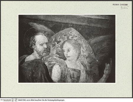 Vorderseite von Sopr. BAS ROMA [https://www.deutsche-digitale-bibliothek.de/content/lizenzen/rv-ez/] Bekehrung Pauli und Befreiung Petri sowie Wapopen der PonzettiBefreiung Petri - Befreiung Petri, Detail, nach der Restaurierung 1972, bh461582_recto. Foto.