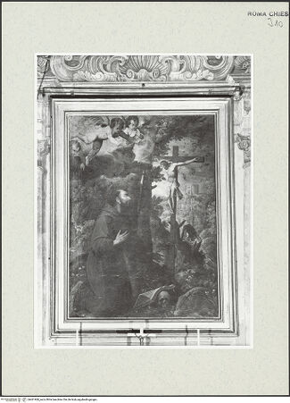 Vorderseite von Sopr. BAS ROMA [https://www.deutsche-digitale-bibliothek.de/content/lizenzen/rv-ez/] Der heilige Franziskus in Anbetung des Kreuzes - , bh461960_recto. Foto.