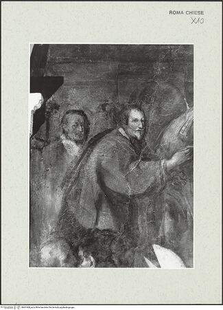 Vorderseite von Sopr. BAS ROMA [https://www.deutsche-digitale-bibliothek.de/content/lizenzen/rv-ez/] Szenen aus dem Leben des heiligen Franziskus und Bilder verschiedener HeiligerDie Bestätigung der Ordensregel - Detail, vor der Restaurierung 1977, bh461968_recto. Foto.