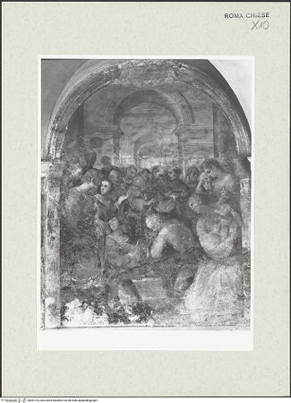 Vorderseite von Sopr. BAS ROMA [https://www.deutsche-digitale-bibliothek.de/content/lizenzen/rv-ez/] Szenen aus dem Leben des heiligen Franziskus und Bilder verschiedener HeiligerDie Einkleidung des heiligen Lucius - Detail, vor der Restaurierung von 1977, bh461970_recto. Foto.