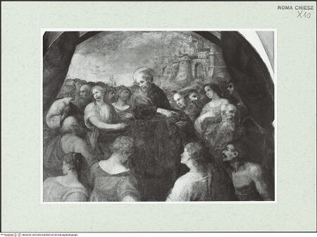 Vorderseite von Sopr. BAS ROMA [https://www.deutsche-digitale-bibliothek.de/content/lizenzen/rv-ez/] Szenen aus dem Leben des heiligen Franziskus und Bilder verschiedener HeiligerWunder des heiligen Franziskus - Detail, nach der Restaurierung von 1977, bh462049_recto. Foto.