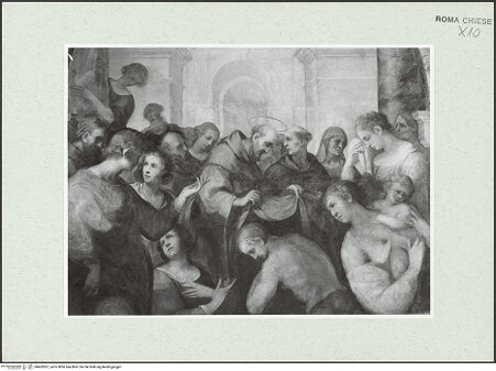 Vorderseite von Sopr. BAS ROMA [https://www.deutsche-digitale-bibliothek.de/content/lizenzen/rv-ez/] Szenen aus dem Leben des heiligen Franziskus und Bilder verschiedener HeiligerDie Einkleidung des heiligen Lucius - Detail, nach der Restaurierung von 1977, bh462057_recto. Foto.