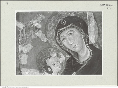 Vorderseite von Sopr. BAS ROMA [https://www.deutsche-digitale-bibliothek.de/content/lizenzen/rv-ez/] Madonna di San Gregorio - Detail: Köpfe von Madonna und Kind, während der Restaurierung 1989, bh462069_recto. Foto.