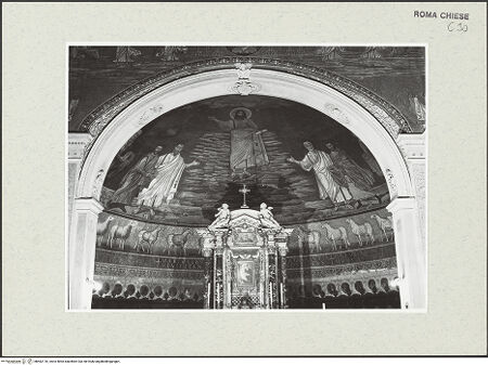 Vorderseite von Sopr. BAS ROMA [https://www.deutsche-digitale-bibliothek.de/content/lizenzen/rv-ez/] Christus Pantokrator zwischen den Heiligen Petrus, Paulus, Kosmas und Damian, Theodor und Felix - , bh462116_recto. Foto.