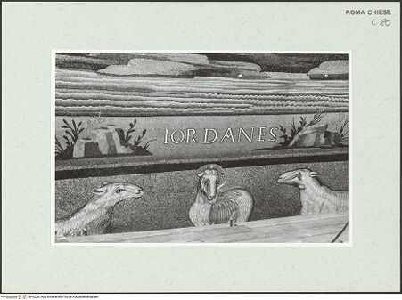 Vorderseite von Sopr. BAS ROMA [https://www.deutsche-digitale-bibliothek.de/content/lizenzen/rv-ez/] Christus Pantokrator zwischen den Heiligen Petrus, Paulus, Kosmas und Damian, Theodor und Felix - untere Zone, Detail: Der Fluss Jordan und Ausschnitt aus dem Lämmerfries, nach der Restaurierung 1988/1989, bh462288_recto. Foto.