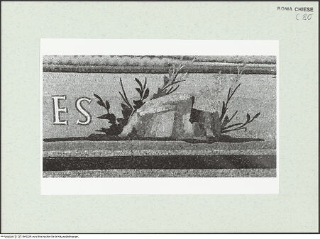 Vorderseite von Sopr. BAS ROMA [https://www.deutsche-digitale-bibliothek.de/content/lizenzen/rv-ez/] Christus Pantokrator zwischen den Heiligen Petrus, Paulus, Kosmas und Damian, Theodor und Felix - Detail: Gestein am Ufer des Jordan, nach der Restaurierung 1988/1989, bh462289_recto. Foto.