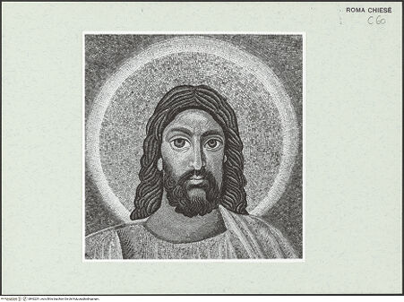 Vorderseite von Sopr. BAS ROMA [https://www.deutsche-digitale-bibliothek.de/content/lizenzen/rv-ez/] Christus Pantokrator zwischen den Heiligen Petrus, Paulus, Kosmas und Damian, Theodor und Felix - Detail: Kopf des Pantokrator, nach der Restaurierung von 1988/1989, bh462291_recto. Foto.