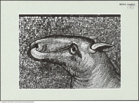 Vorderseite von Sopr. BAS ROMA [https://www.deutsche-digitale-bibliothek.de/content/lizenzen/rv-ez/] Christus Pantokrator zwischen den Heiligen Petrus, Paulus, Kosmas und Damian, Theodor und Felix - Lämmerfries, Detail: Kopf eines Lammes, nach der Restaurierung 1988/1989, bh462294_recto. Foto.