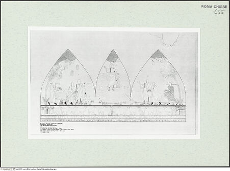 Vorderseite von Sopr. BAS ROMA [https://rightsstatements.org/page/CNE/1.0/] Christus Pantokrator zwischen den Heiligen Petrus, Paulus, Kosmas und Damian, Theodor und Felix - Schema der früheren Restaurierungen, aufgenommen während der Restaurierung 1988/1989, bh462331_recto. Foto.