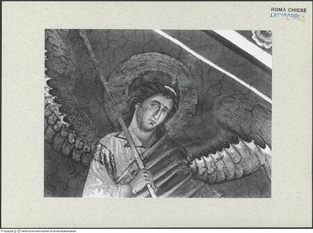 Vorderseite von ICCD [https://www.deutsche-digitale-bibliothek.de/content/lizenzen/rv-ez/] FreskenzyklusEngelspaare - Südseite, rechter Engel, Kopfdetail, vor der Restaurierung 1992-1994, bh462618_recto. Foto.