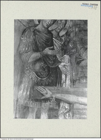 Vorderseite von ICCD [https://www.deutsche-digitale-bibliothek.de/content/lizenzen/rv-ez/] FreskenzyklusMartyrium des heiligen Petrus - Soldaten links des Kreuzes, Detail, vor der Restaurierung 1992-1994, bh462619_recto. Foto.