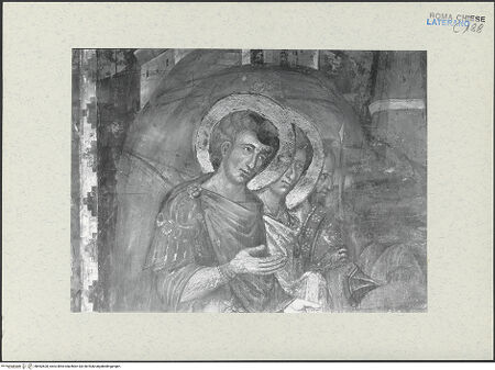 Vorderseite von ICCD [https://www.deutsche-digitale-bibliothek.de/content/lizenzen/rv-ez/] FreskenzyklusMartyrium des heiligen Petrus - Soldaten links des Kreuzes, Kopfdetail, vor der Restaurierung 1992-1994, bh462620_recto. Foto.