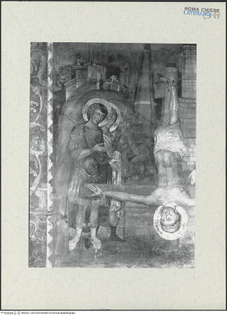 Vorderseite von ICCD [https://www.deutsche-digitale-bibliothek.de/content/lizenzen/rv-ez/] FreskenzyklusMartyrium des heiligen Petrus - Detail: Der Heilige kopfüber am Kreuz, daneben Soldaten, vor der Restaurierung 1992-1994, bh462621_recto. Foto.