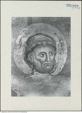 Vorderseite von ICCD [https://www.deutsche-digitale-bibliothek.de/content/lizenzen/rv-ez/] FreskenzyklusMartyrium des heiligen Petrus - Kopfdetail des Heiligen, vor der Restaurierung 1992-1994, bh462626_recto. Foto.