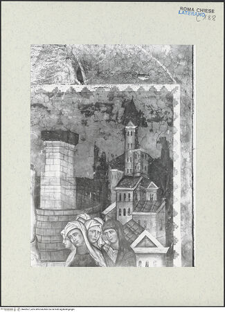 Vorderseite von ICCD [https://www.deutsche-digitale-bibliothek.de/content/lizenzen/rv-ez/] FreskenzyklusMartyrium des heiligen Petrus - Detail: Architekturvedute rechts oben, vor der Restaurierung 1992-1994, bh462627_recto. Foto.