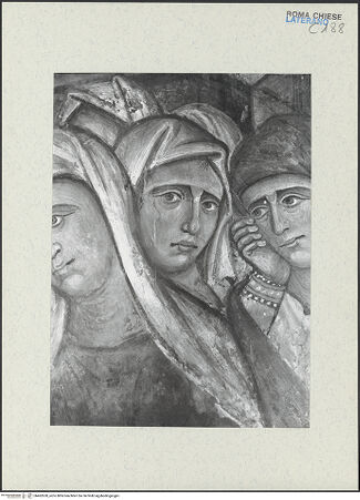 Vorderseite von ICCD [https://www.deutsche-digitale-bibliothek.de/content/lizenzen/rv-ez/] FreskenzyklusMartyrium des heiligen Petrus - Frauengruppe rechts des Kreuzes, Kopfdetail, vor der Restaurierung 1992-1994, bh462628_recto. Foto.