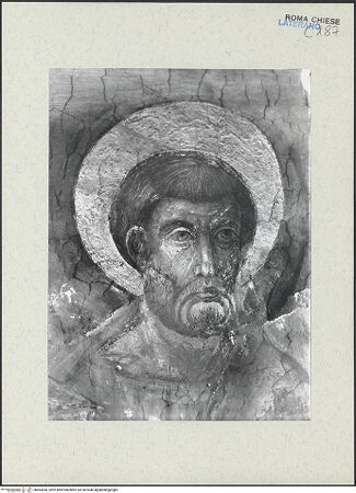 Vorderseite von ICCD [https://www.deutsche-digitale-bibliothek.de/content/lizenzen/rv-ez/] FreskenzyklusPapst Nikolaus III., in Begleitung von Petrus und Paulus, präsentiert das Modell von Sancta Sanctorum - Kopfdetail des heiligen Petrus, vor der Restaurierung 1992-1994, bh463068_recto. Foto.