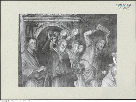 Vorderseite von ICCD [https://www.deutsche-digitale-bibliothek.de/content/lizenzen/rv-ez/] FreskenzyklusSteinigung des heiligen Stephanus - Detail: Gruppe der Steinigenden, vor der Restaurierung 1992-1994, bh463696_recto. Foto.