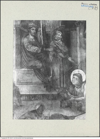 Vorderseite von ICCD [https://www.deutsche-digitale-bibliothek.de/content/lizenzen/rv-ez/] FreskenzyklusMartyrium des heiligen Laurentius - Detail: Kaiser Decius befiehlt die Röstung des Heiligen, vor der Restaurierung 1992-1994, bh463701_recto. Foto.