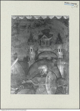 Vorderseite von ICCD [https://www.deutsche-digitale-bibliothek.de/content/lizenzen/rv-ez/] FreskenzyklusMartyrium des heiligen Paulus - Bildhintergrund, Detail: Vedute von S. Paolo fuori le Mura, vor der Restaurierung 1992-1994, bh463704_recto. Foto.