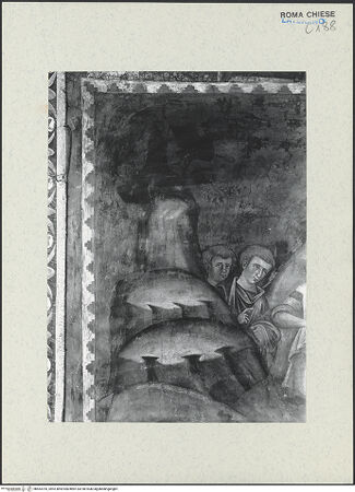 Vorderseite von ICCD [https://www.deutsche-digitale-bibliothek.de/content/lizenzen/rv-ez/] FreskenzyklusMartyrium des heiligen Paulus - Detail: Felsen am linken oberen Bildrand, vor der Restaurierung 1992-1994, bh463705_recto. Foto.