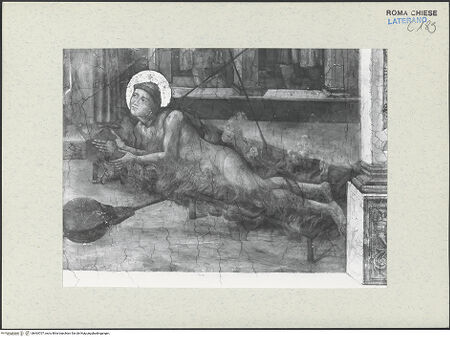 Vorderseite von ICCD [https://www.deutsche-digitale-bibliothek.de/content/lizenzen/rv-ez/] FreskenzyklusMartyrium des heiligen Laurentius - Detail: Der heilige Laurentius auf dem Rost, vor der Restaurierung 1992-1994, bh463707_recto. Foto.