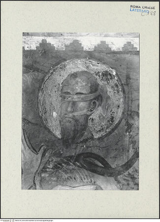 Vorderseite von ICCD [https://www.deutsche-digitale-bibliothek.de/content/lizenzen/rv-ez/] FreskenzyklusMartyrium des heiligen Paulus - Detail: Das abgeschlagene Haupt des heiligen Paulus, vor der Restaurierung 1992-1994, bh463709_recto. Foto.
