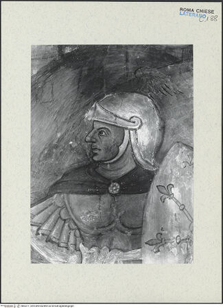 Vorderseite von ICCD [https://www.deutsche-digitale-bibliothek.de/content/lizenzen/rv-ez/] FreskenzyklusMartyrium des heiligen Paulus - Detail: Soldatenfigur rechts außen 1992-1994, bh463711_recto. Foto.