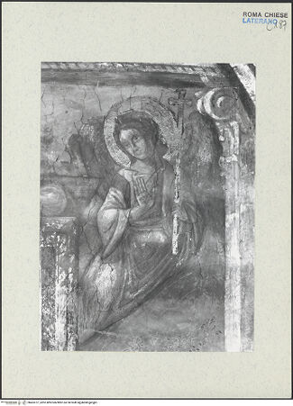 Vorderseite von ICCD [https://www.deutsche-digitale-bibliothek.de/content/lizenzen/rv-ez/] FreskenzyklusThronender Christus mit zwei Engeln - Detail: Engel rechts des Thrones, vor der Restaurierung 1992 -1994, bh463727_recto. Foto.