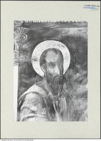 Vorderseite von ICCD [https://www.deutsche-digitale-bibliothek.de/content/lizenzen/rv-ez/] FreskenzyklusPapst Nikolaus III., in Begleitung von Petrus und Paulus, präsentiert das Modell von Sancta Sanctorum - Kopfdetail des heiligen Paulus, vor der Restaurierung 1992-1994, bh463731_recto. Foto.
